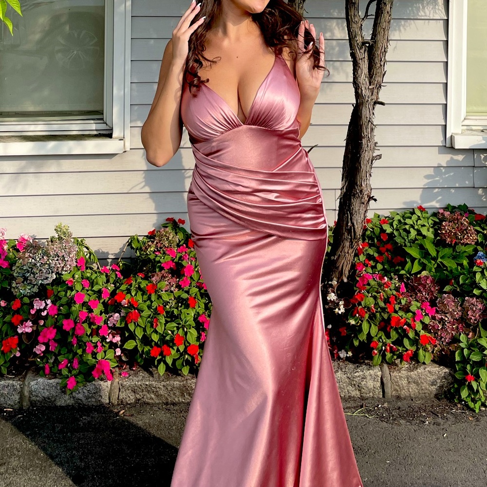 full length bridesmaid pink rose satin maxi dress open back